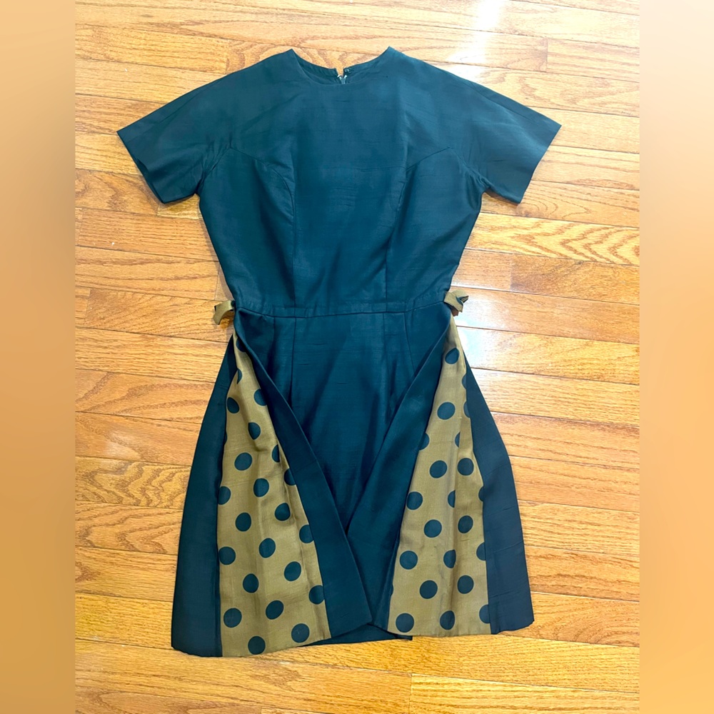 VINTAGE Black and Tan Polka Dot Dress